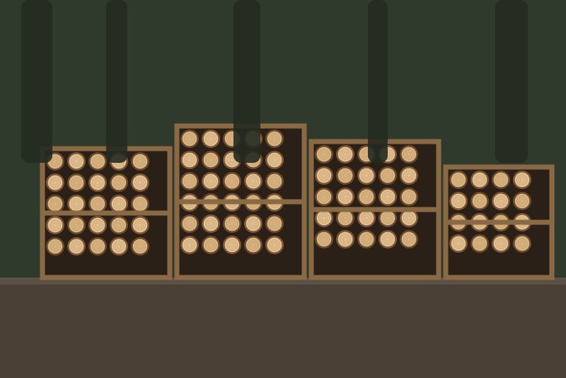 Crates of kiln-dried firewood stacked at the WoodWorx warehouse